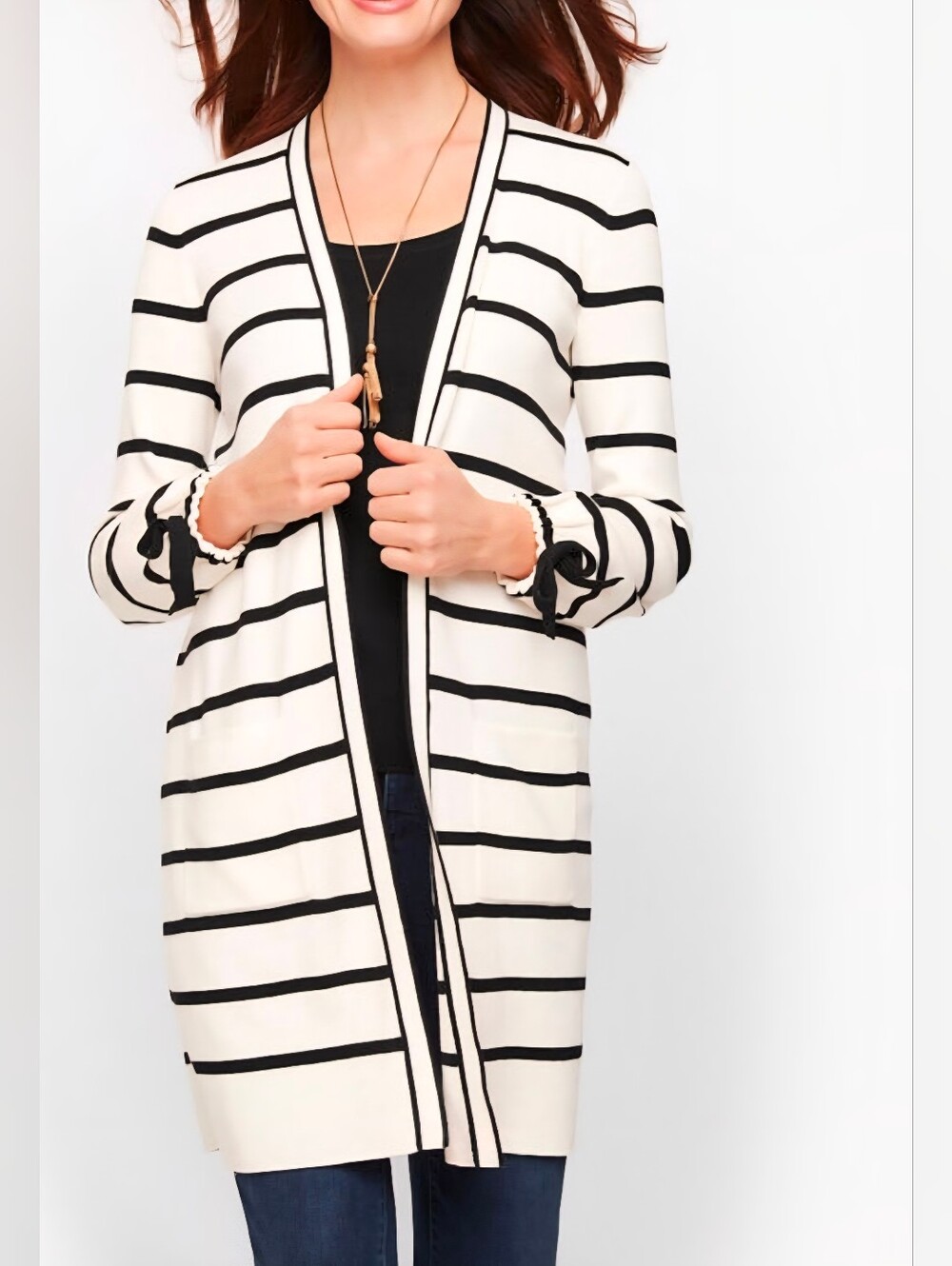 $129 Talbots Oprah Collection Long Open Cardigan M PETITE Striped Sleeve Bows